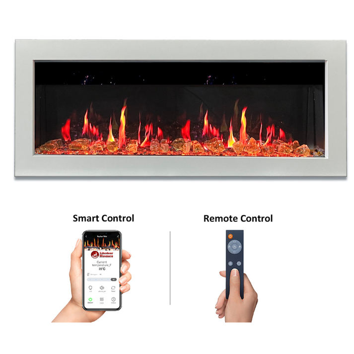 Litedeer Homes Gloria II 48" White Seamless Push-in Electric Fireplace With Reflective Fire Glass Reflective Fire Glass