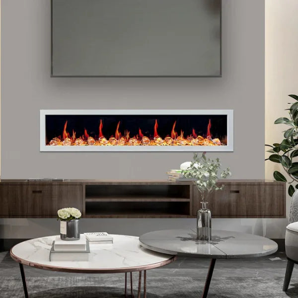 Litedeer Homes Gloria II 78" White Seamless Push-in Electric Fireplace With Acrylic Crushed Ice Rocks Acrylic Crushed Ice Rocks