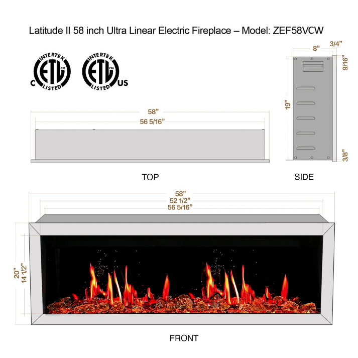 Litedeer Homes Gloria II 58" White Seamless Push-in Electric Fireplace With Acrylic Crushed Ice Rocks Acrylic Crushed Ice Rocks