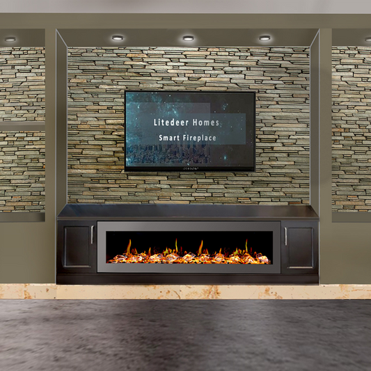 Litedeer Homes Gloria II 68" White Seamless Push-in Electric Fireplace With Acrylic Crushed Ice Rocks Acrylic Crushed Ice Rocks