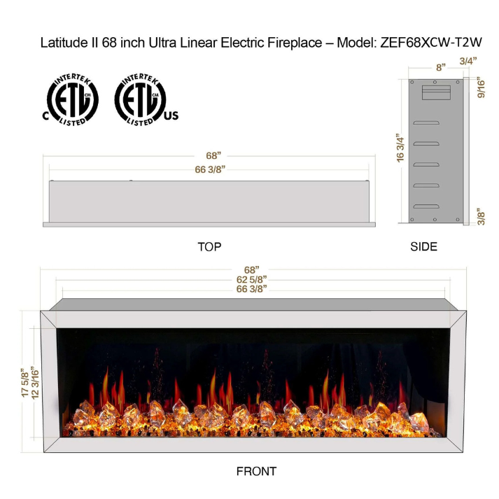 Litedeer Homes Gloria II 68" White Seamless Push-in Electric Fireplace With Acrylic Crushed Ice Rocks Acrylic Crushed Ice Rocks