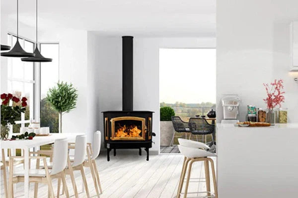 91 Catalytic wood Stove with Blower Ash Tray Gold Door