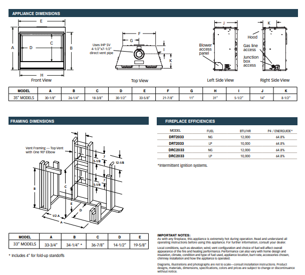 Superior DRT2033 33" Built-In Traditional Direct Rear Vent Gas Fireplace with Electronic Ignition & Aged Oak Logs