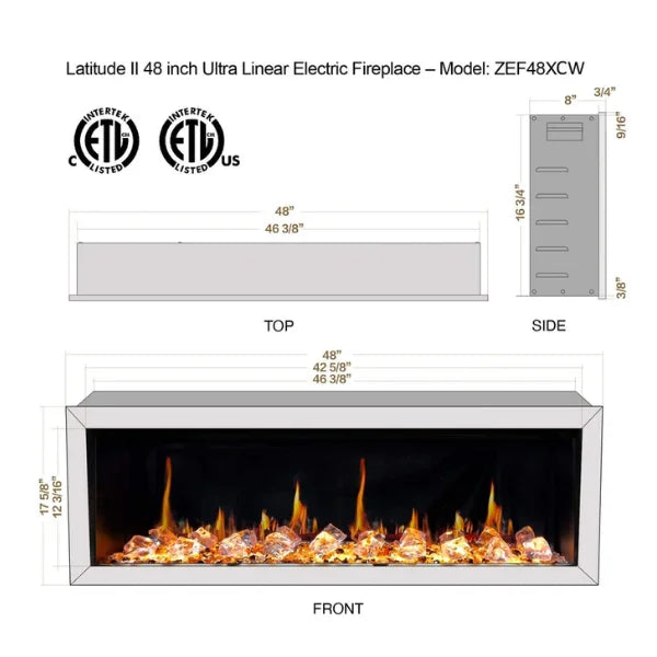 Litedeer Homes Gloria II 48" White Seamless Push-in Electric Fireplace With Acrylic Crushed Ice Rocks Acrylic Crushed Ice Rocks