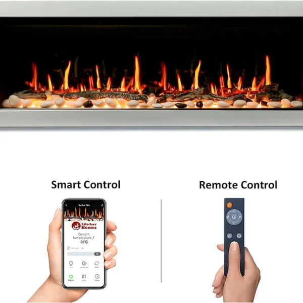 Litedeer Homes Gloria II 58" White Seamless Push-in Electric Fireplace With Smart App Control and 5 Unique Flame