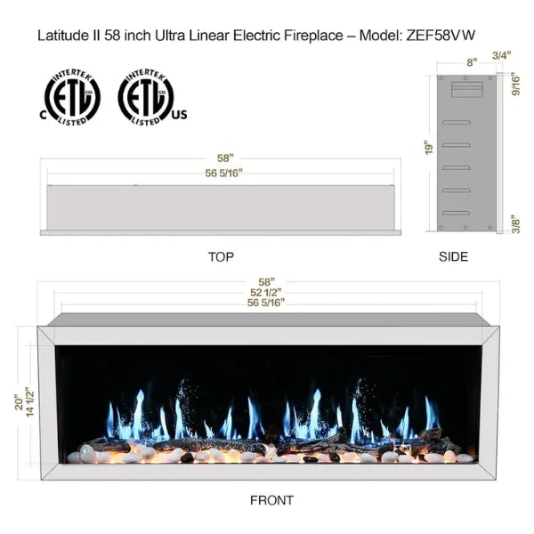 Litedeer Homes Gloria II 58" White Seamless Push-in Electric Fireplace With Smart App Control and 5 Unique Flame