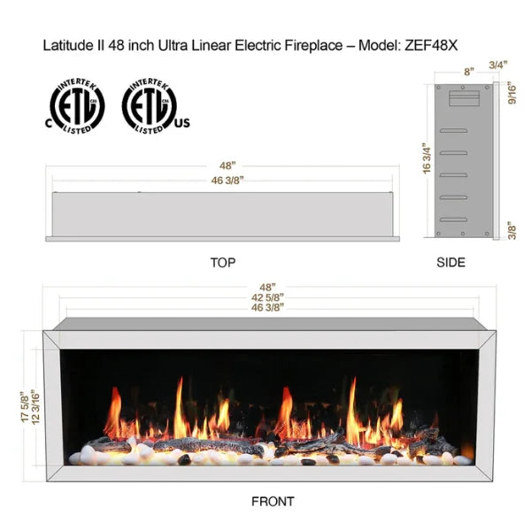 Litedeer Homes Latitude II 48" Seamless Push-in Electric Fireplace With App Driftwood Log & River Rock