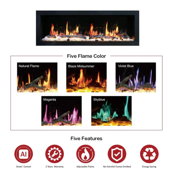 Litedeer Homes Latitude II 48" Seamless Push-in Electric Fireplace With App Driftwood Log & River Rock