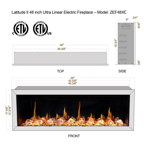 Litedeer Homes Latitude II 48" Seamless Push-in Electric Fireplace With Acrylic Crushed Ice Rocks