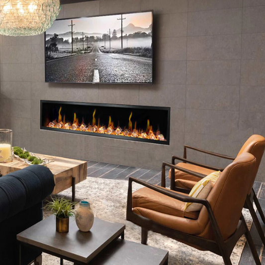 Litedeer Homes Latitude 65" Black Ultra Slim Built-in Linear Smart Electric Fireplace With Acrylic Crushed Ice Rocks