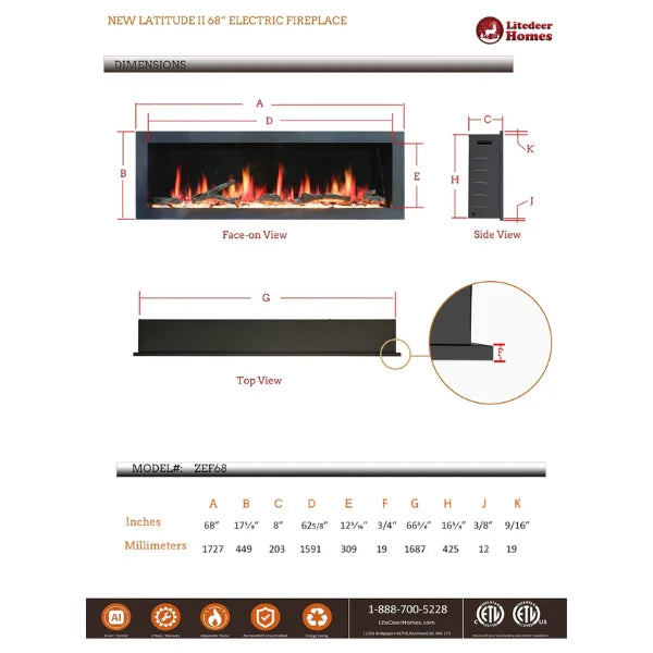 Litedeer Gloria II 68" Seamless Push-in Electric Smart Linear Vent-Free Built-In Electric Fireplace