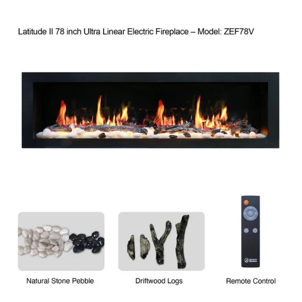 Litedeer Homes Latitude II 78" Seamless Push-in Electric Fireplace With App Driftwood Log & River Rock