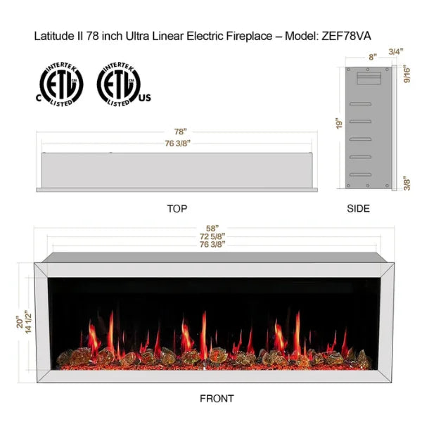 Litedeer Homes Latitude II 78" Seamless Push-in Electric Fireplace With Luster Copper Reflective Fire Glass