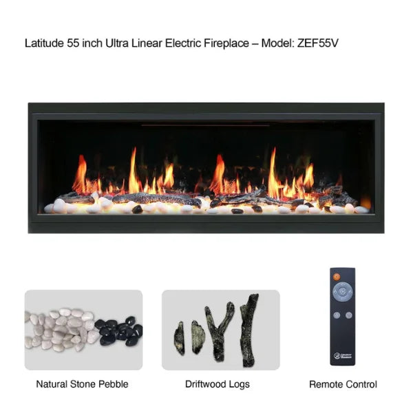Litedeer Homes Latitude 55" Black Ultra Slim Built-in Linear Smart Electric Fireplace With Driftwood Log & River Rock - ZEF55V