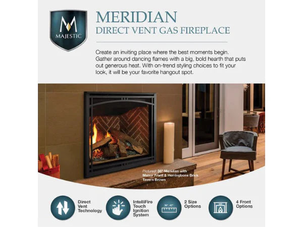 Majestic Meridian 42" Traditional Top/Rear Direct Vent Natural Gas Fireplace with IntelliFire Touch ignition System