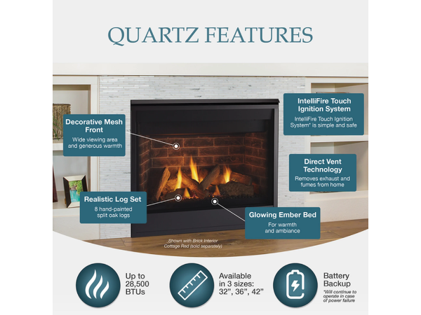 Majestic Quartz 36" Traditional Top/Rear Direct Vent Natural Gas Fireplace with IntelliFire Touch Ignition System
