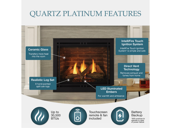 Majestic Quartz 42" Traditional Top/Rear Direct Vent Natural Gas Fireplace with IntelliFire Touch Ignition System