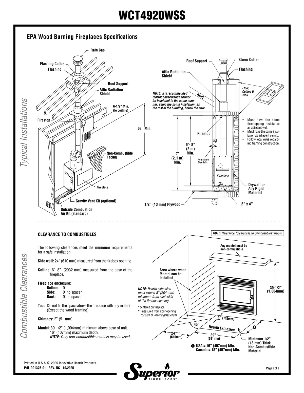 Superior WCT4920 49" Traditional Wood Burning Fireplace With White Smooth Refractory Panels