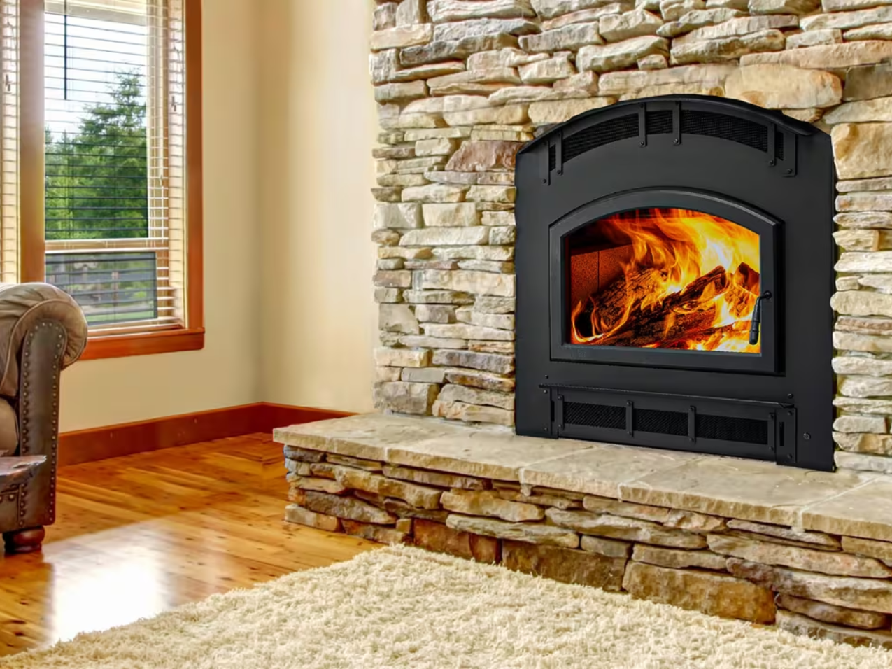 Majestic Wood fireplace with Classic Black Front and Single Rectangle Door