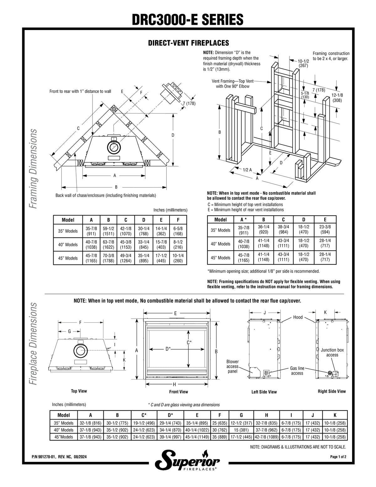 Superior DRC3045 45" Contemporary Direct Top/Rear Vent Natural Gas Fireplace with Electronic Ignition