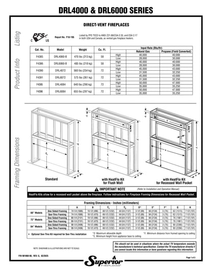 Superior DRL6084 84"  Natural Gas Contemporary Direct Vent Fireplace with Linear, Lights & Electronic Ignition