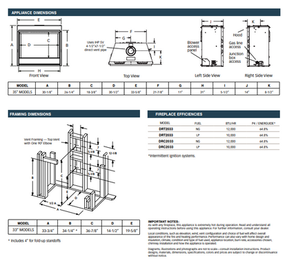 Superior DRT2033 33" Built-In Traditional Direct Rear Vent Gas Fireplace with Electronic Ignition & Aged Oak Logs