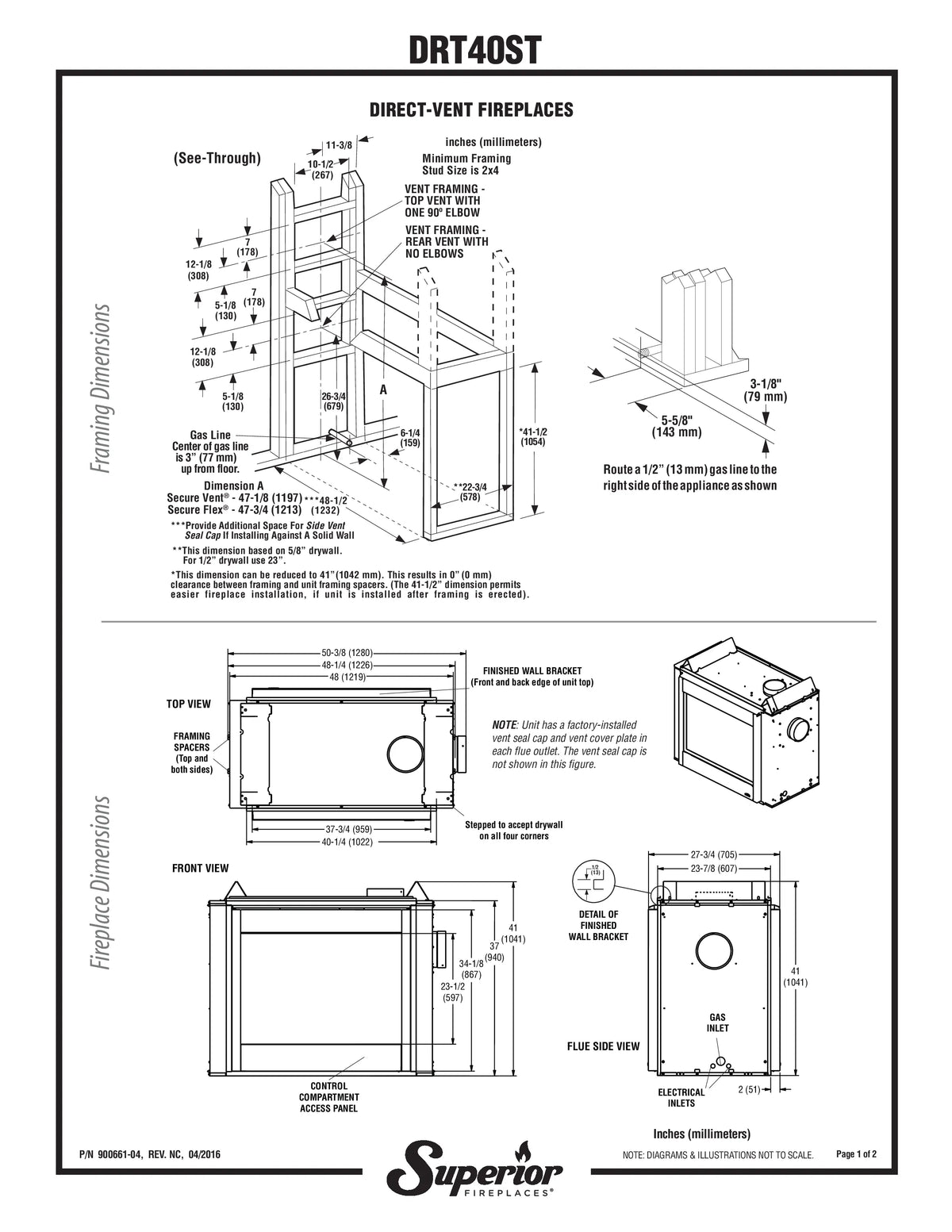 Superior DRT40ST 40" Natural Gas Traditional Direct Vent Gas Fireplace with See-Through & Electronic Ignition