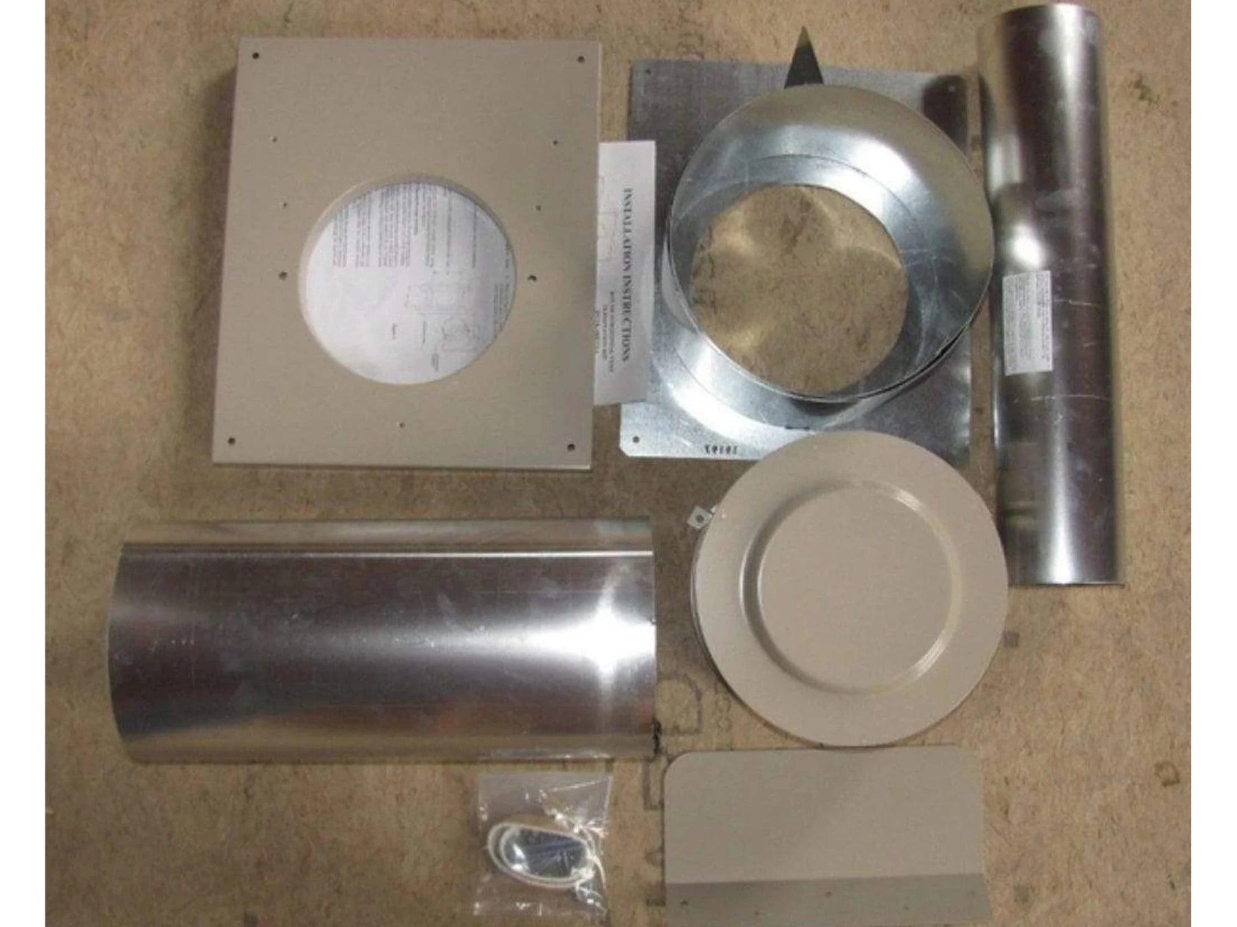 DV Vinyl Siding Vent Kit, Hoz, inc Slimline Rect Wall Plate and Shield, Beige Cap, Thimble, Collar, Adaptor Plate, Spacer, Clamps, and 14-in. vent pipe (4 x 6 5/8)