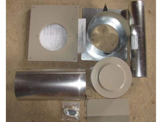 DV Vinyl Siding Vent Kit, Hoz, inc Slimline Rect Wall Plate and Shield, Beige Cap, Thimble, Collar, Adaptor Plate, Spacer, Clamps, and 14-in. vent pipe (4 x 6 5/8)