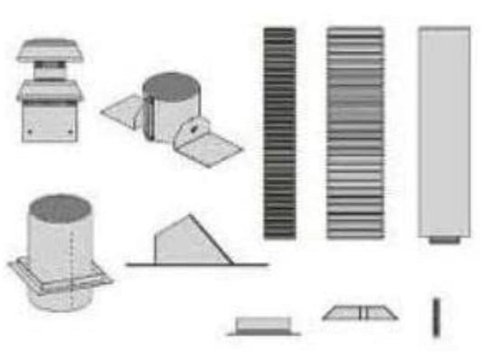 DV Vent Kit – Vertical: Includes Cap, Adjustable Firestop/Thimble, Roof Flashing, Storm Collar, Roof Support, Collar, Clamps, 6 ft of Flex, and 4 ft of Rigid