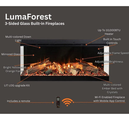 Amantii Fire & Ice LumaForest 75 Inch Built-In Electric 3-Sided Indoor Fireplace