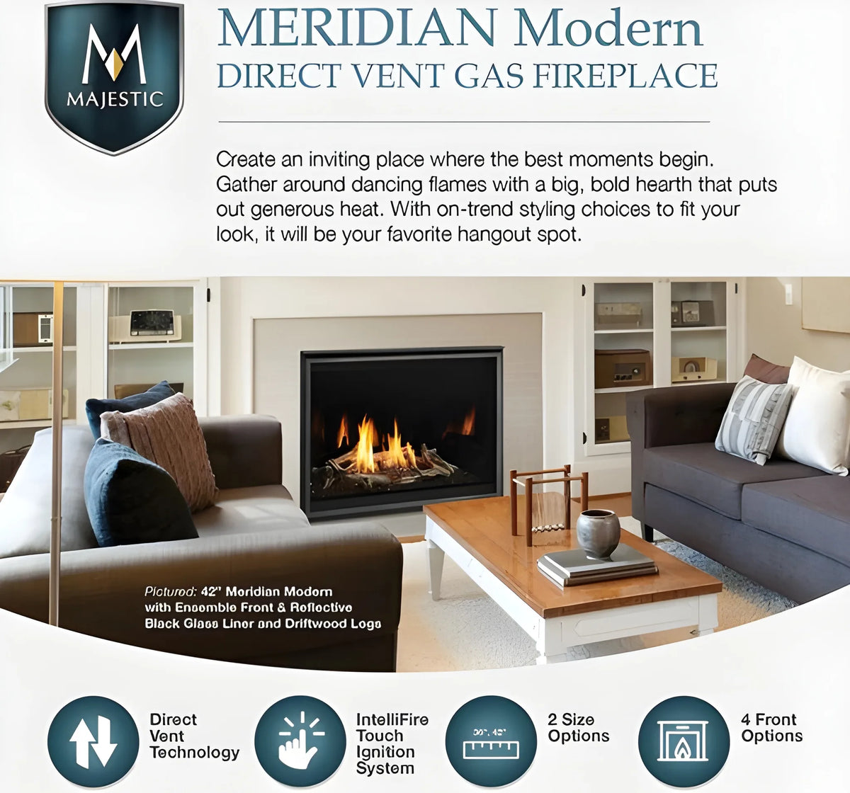 Majestic Meridian Modern 42" Traditional/Contemporary Top Direct Vent Natural Gas Fireplace with IntelliFire Touch ignition System