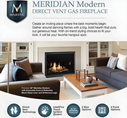 Majestic Meridian Modern 42" Traditional/Contemporary Top Direct Vent Natural Gas Fireplace with IntelliFire Touch ignition System