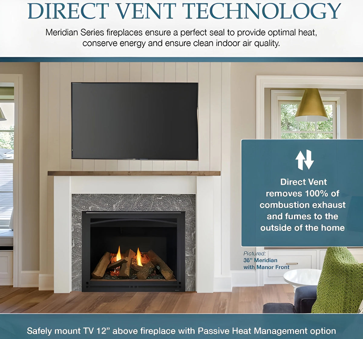 Majestic Meridian Modern 42" Traditional/Contemporary Top Direct Vent Natural Gas Fireplace with IntelliFire Touch ignition System
