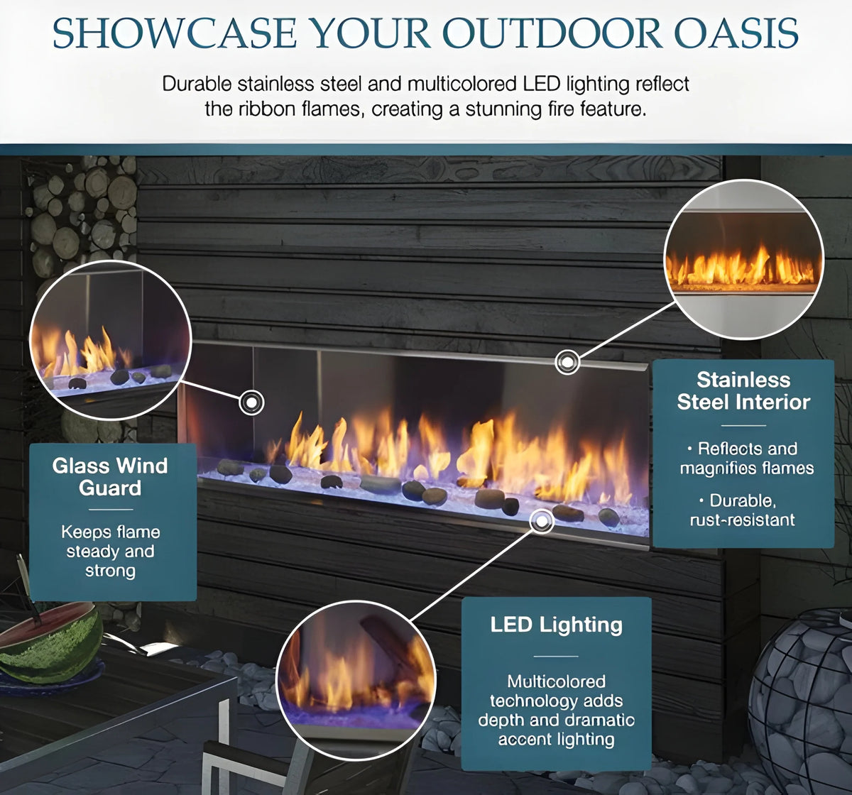 Majestic Lanai 60" Linear Contemporary Outdoor Vent Free Natural Gas Fireplace with Single-Sided IntelliFire Ignition System