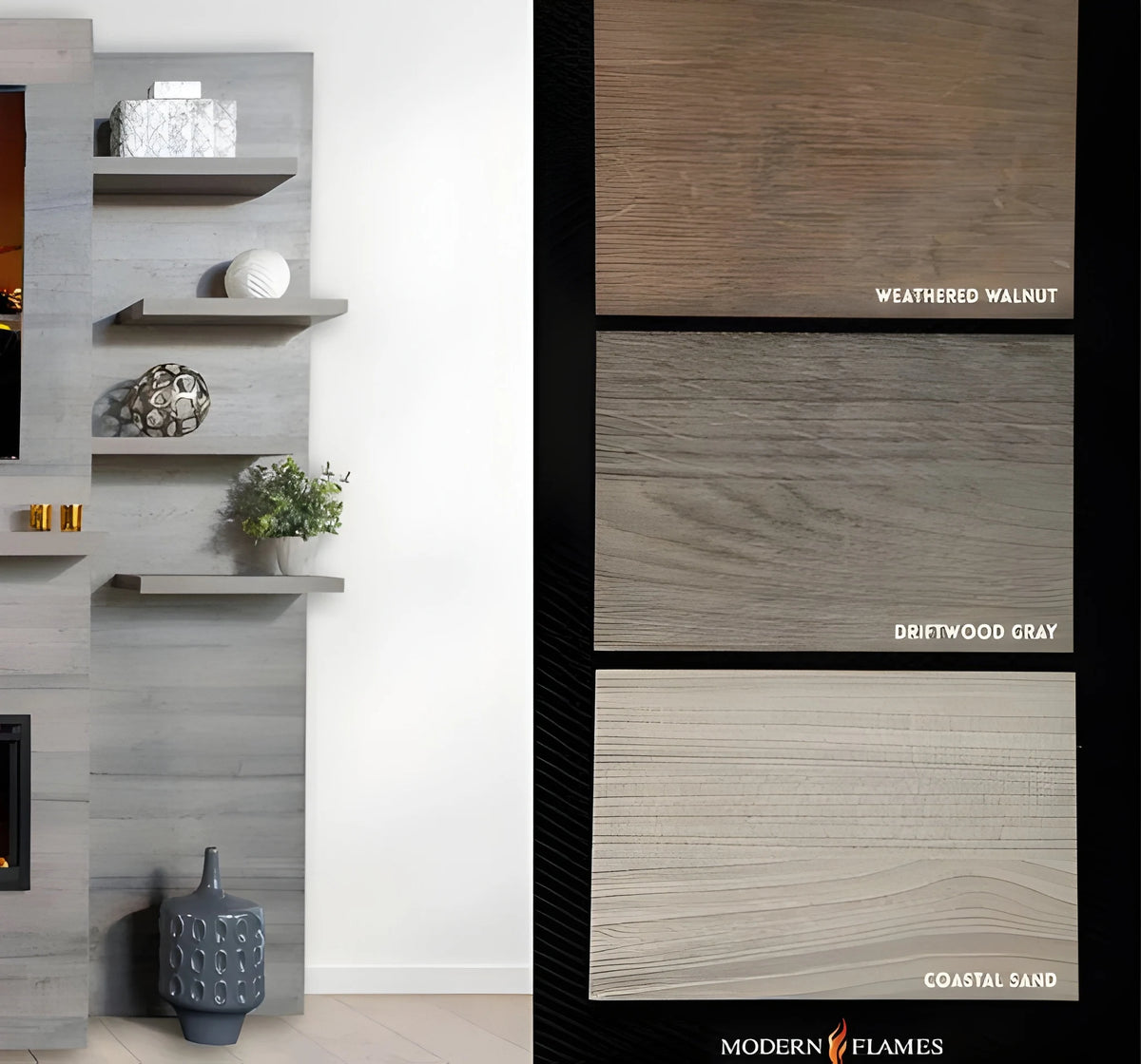 Modern Flames Driftwood Grey Allwood Side Wall Option with Shelves 1-side for Orion Slim 60" Fireplace