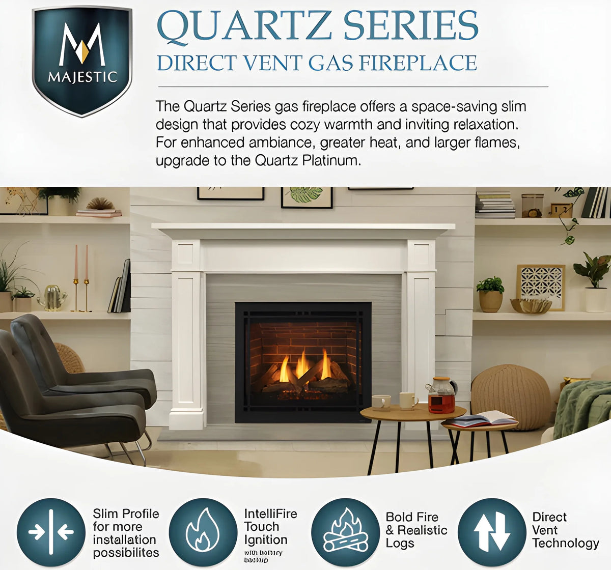 Majestic Quartz 36" Traditional Top/Rear Direct Vent Natural Gas Fireplace with IntelliFire Touch Ignition System