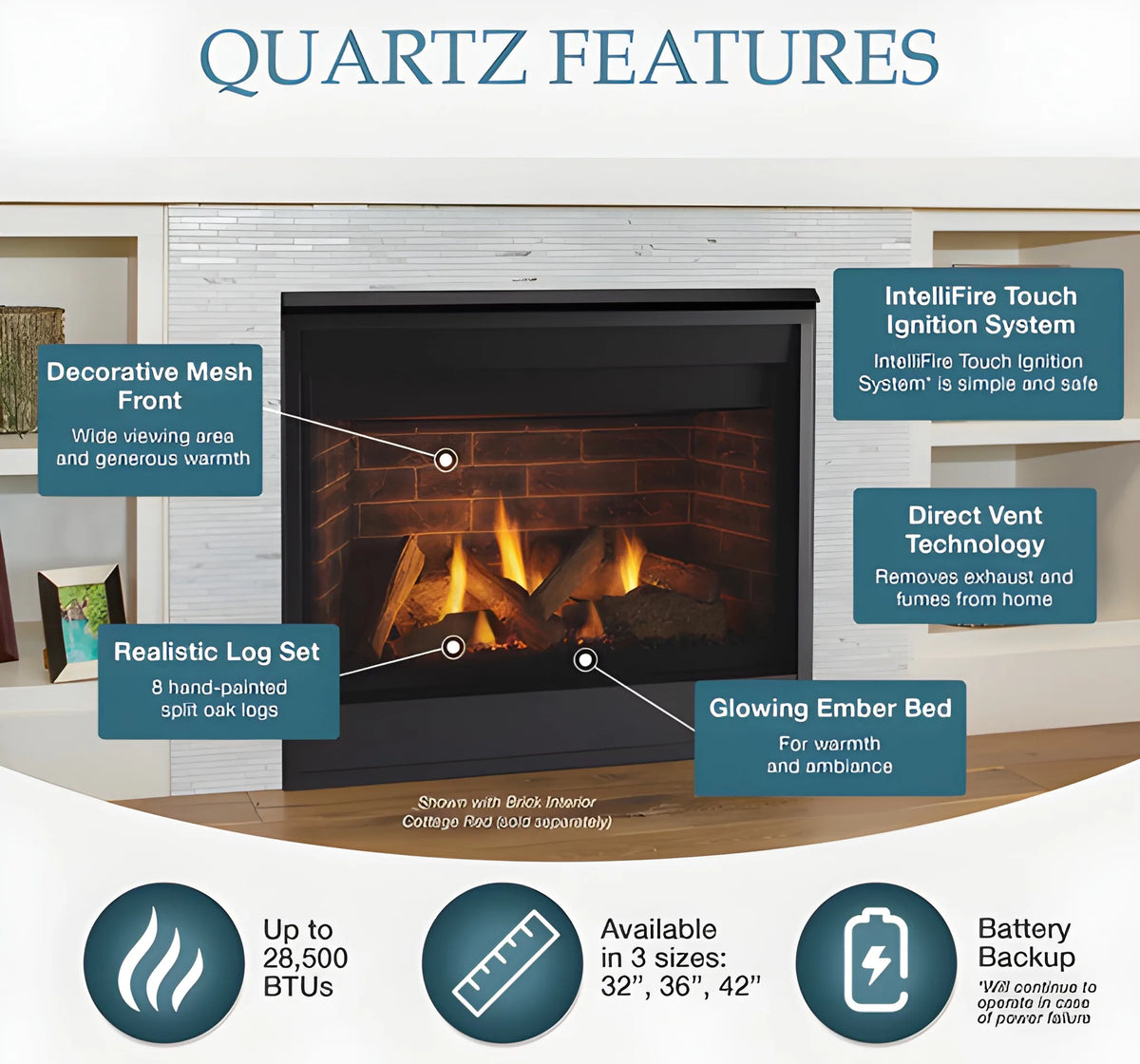 Majestic Quartz 36" Traditional Top/Rear Direct Vent Natural Gas Fireplace with IntelliFire Touch Ignition System
