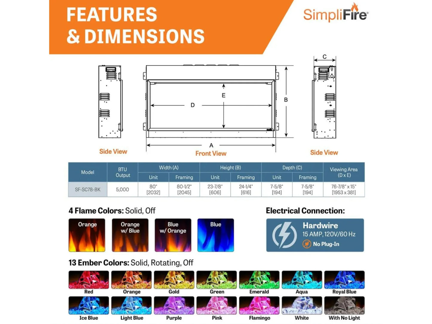 SimpliFire Scion 78" Linear Electric Built-In Fireplace