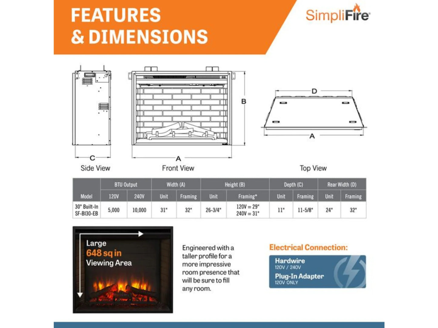 SimpliFire 36" Electric Built-in Electric Fireplace with On/Off Remote