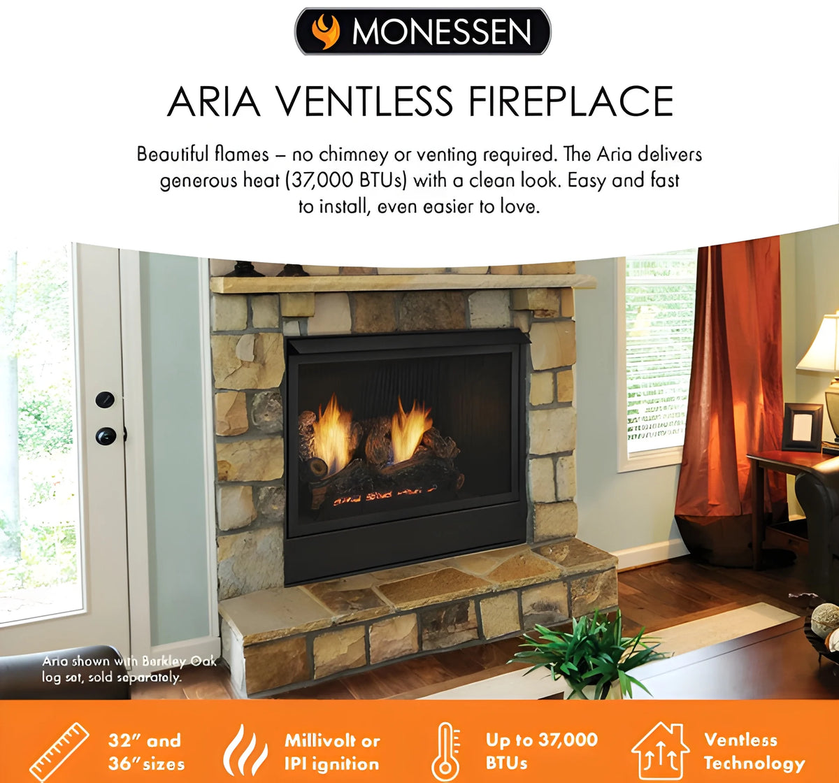 Monessen Aria 36" Traditional Vent Free Liquid Propane Fireplace with Millivolt Control
