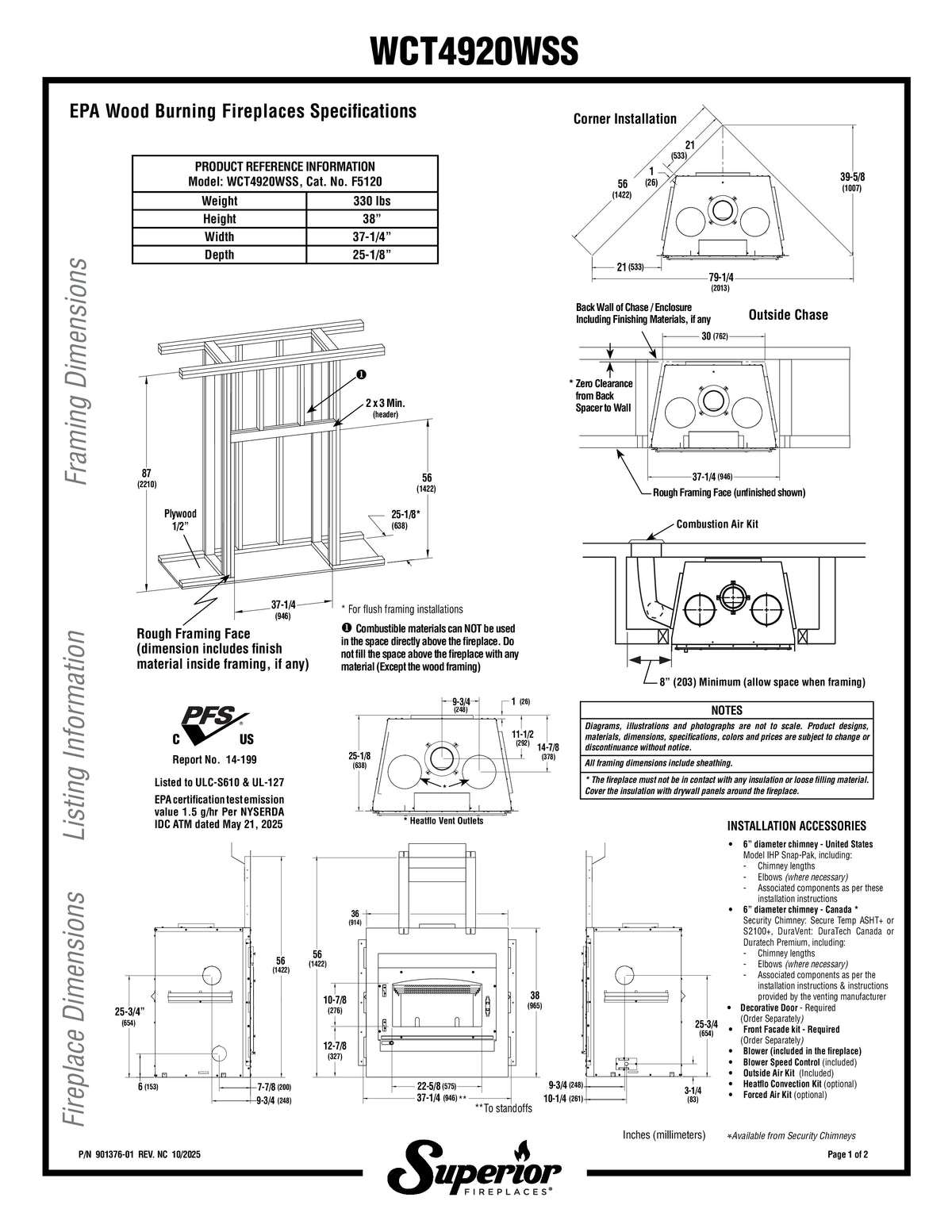 Superior WCT4920 49" Traditional Wood Burning Fireplace With White Smooth Refractory Panels