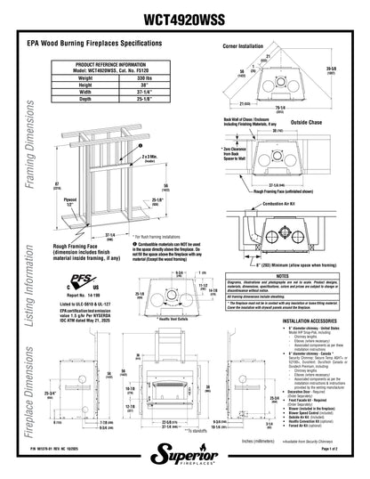 Superior WCT4920 49" Traditional Wood Burning Fireplace With White Smooth Refractory Panels