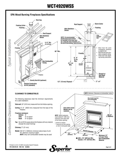 Superior WCT4920 49" Traditional Wood Burning Fireplace With White Smooth Refractory Panels