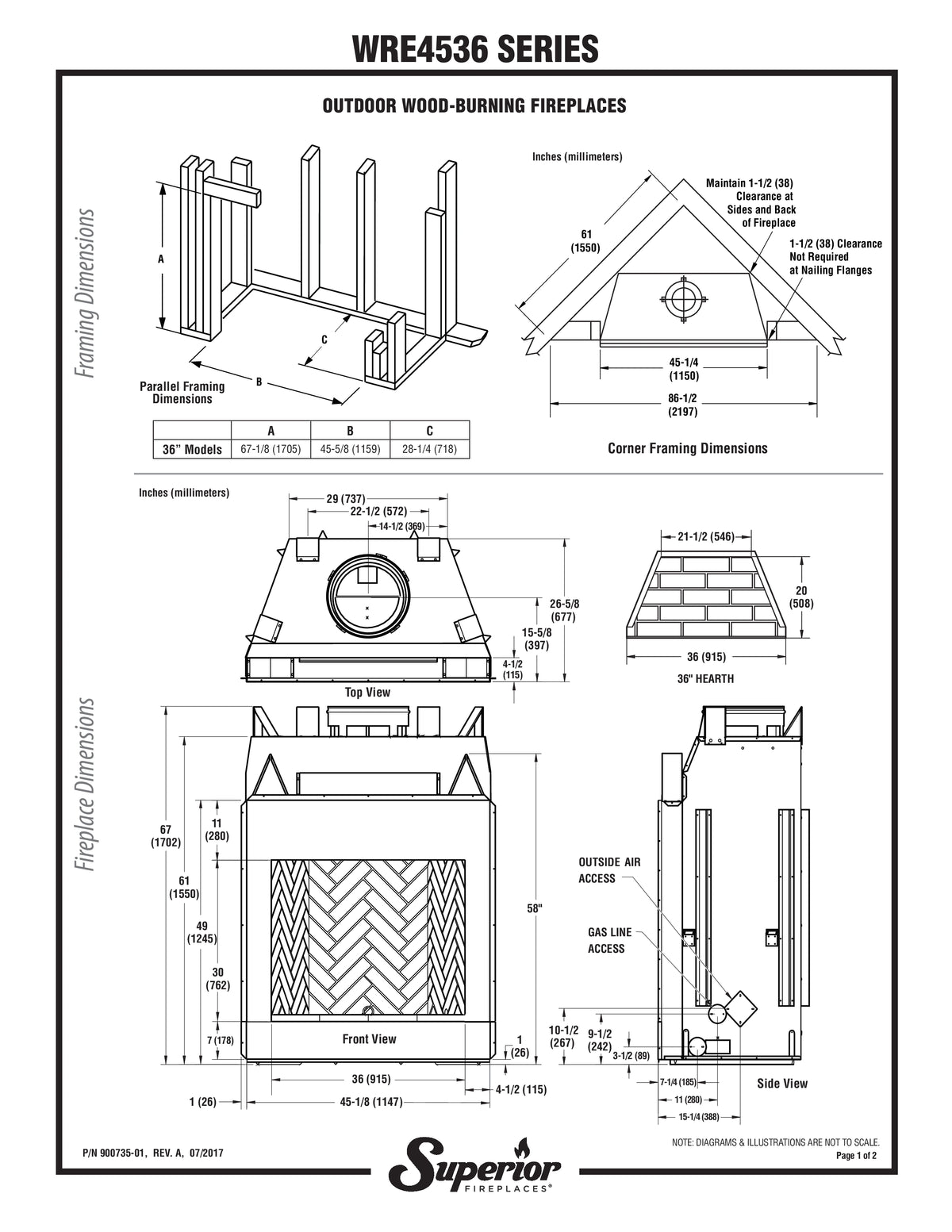 Superior WRE4536 36" Traditional Outdoor Wood Burning Fireplace With White Herringbone Refractory Panels