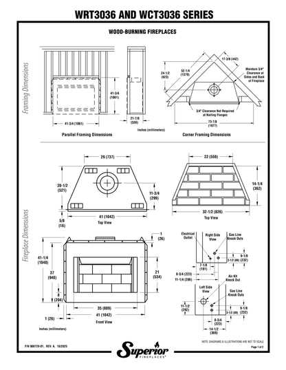 Superior WRT/WCT 3036 36" Insulated Louvered Wood-Burning Fireplace with White Stacked Refractory Panels