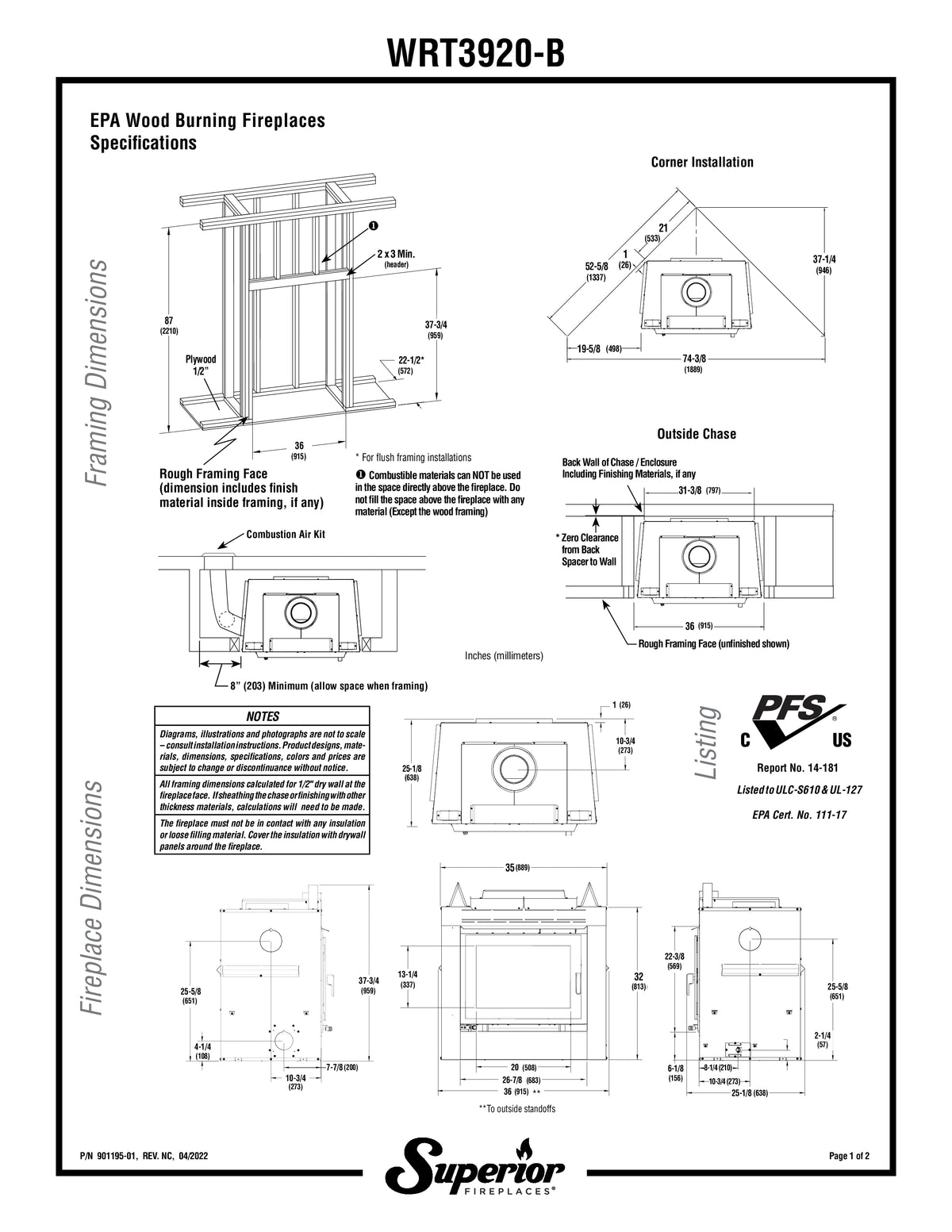 Superior WRT3920 Traditional Wood Burning Fireplace with Grey Stacked Refractory Panels