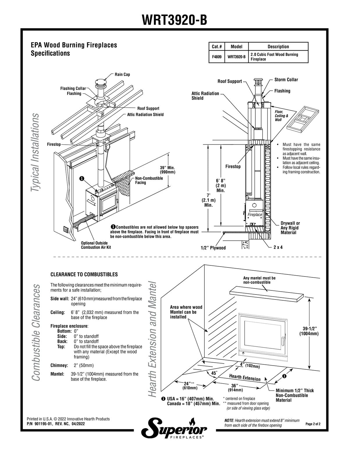 Superior WRT3920 Traditional Wood Burning Fireplace with Grey Stacked Refractory Panels