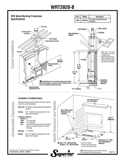 Superior WRT3920 Traditional Wood Burning Fireplace with Grey Stacked Refractory Panels