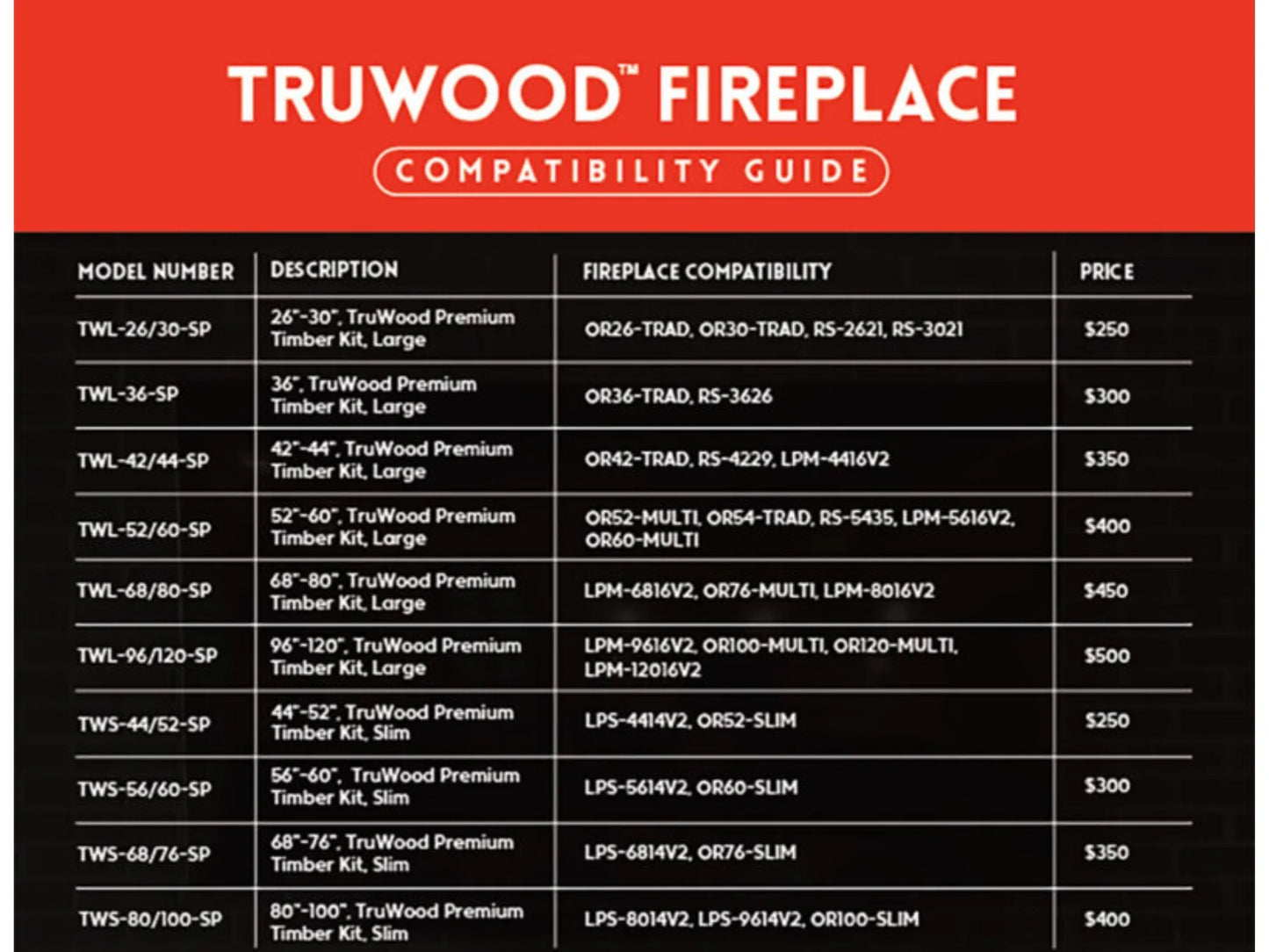 Modern Flames Truwood 56"/60" Slim Premium Upgrade Timber Kit